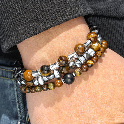 Irregular cut black gallstone broken silver tiger's eye stone elastic beaded bracelet men's business bracelet stacked bracelet