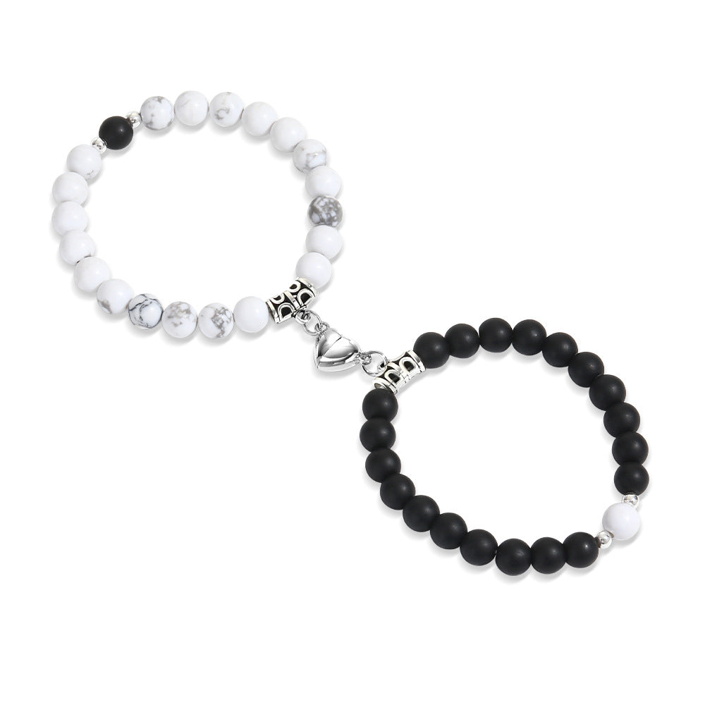 Heart-to-heart suction black turquoise couple bracelet women's niche design ins magnet elastic bracelet set