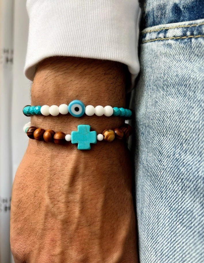 European and American new fashion personalized wooden bead beaded bracelet male trendy hip-hop niche beach wind stacked wearing natural stone bracelet