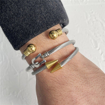 Cross-border new stainless steel bracelet set, open titanium steel bracelet, non-fading rivet belt buckle bracelet punk