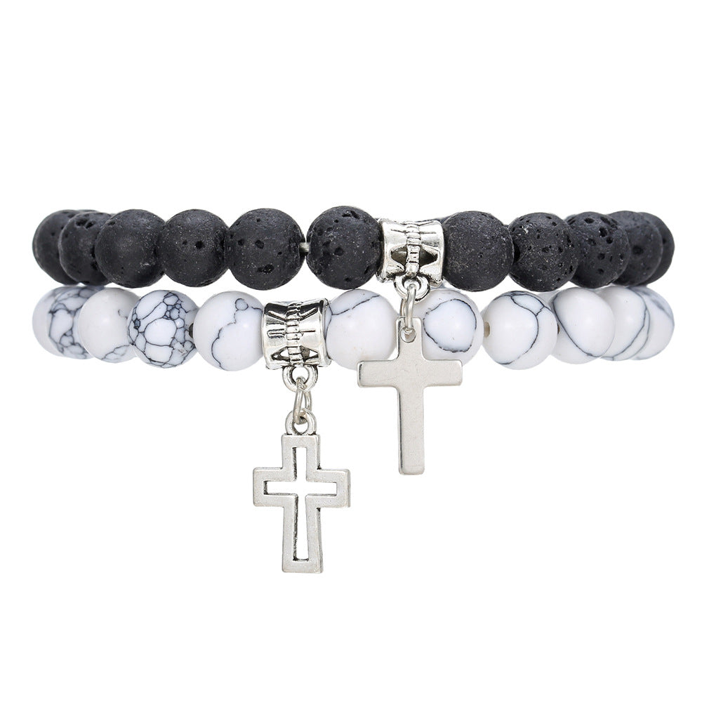 8Mm white pine volcanic stone couple bracelet set, cross-border hot-selling cross astronaut pendant elastic bracelet