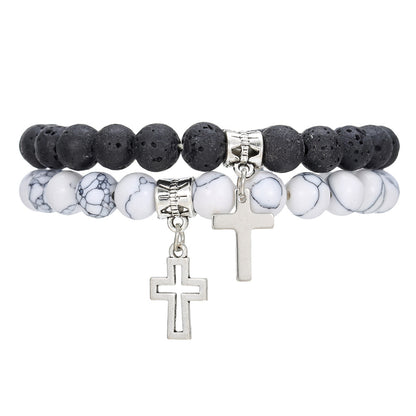 8Mm white pine volcanic stone couple bracelet set, cross-border hot-selling cross astronaut pendant elastic bracelet
