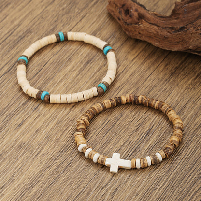 Cross-border hot-selling turquoise cross bracelet female bohemian multi-layer stacked wooden bead coconut shell bracelet couple bracelet
