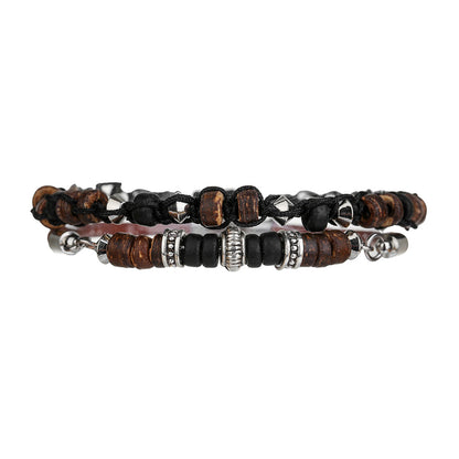 Vintage Woven Wood Bead Coconut Shell Bracelet Combination Leather Rope Magnet Buckle Metal Bracelet Men's Hip Hop Punk Men's Bracelet