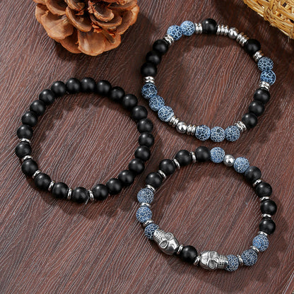 Retro Men's Hip Hop Stainless Steel Skull Bracelet Multilayer Stacked Wear Beaded Weathered Black Agate Bracelet Non-Fading