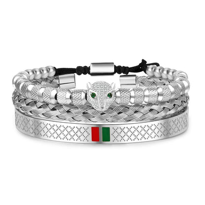 Hip Hop Men's Copper Inlaid Zircon Leopard Head Stainless Steel Bracelet Bracelet Combination Set Non-Fading Internet celebrity jewelry