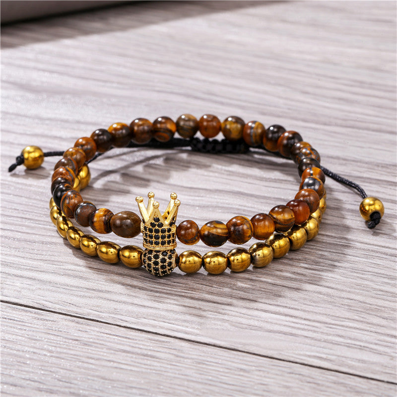 6Mm tiger's eye micro-inlaid zircon crown bracelet, woven bracelet, elastic bracelet set, Buddha bead bracelet.