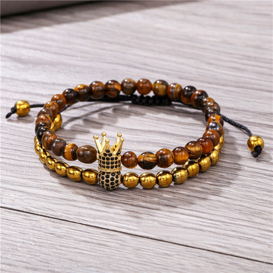6Mm tiger's eye micro-inlaid zircon crown bracelet, woven bracelet, elastic bracelet set, Buddha bead bracelet.