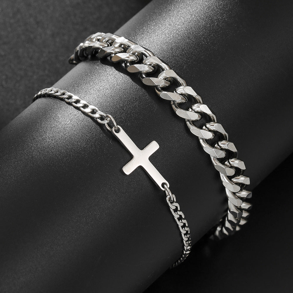 Fashion Cold Wind Stainless Steel Cuban NK Chain Double Layer Stacked Cross Bracelet Men's Hip Hop Street Bracelet Set