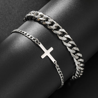 Fashion Cold Wind Stainless Steel Cuban NK Chain Double Layer Stacked Cross Bracelet Men's Hip Hop Street Bracelet Set