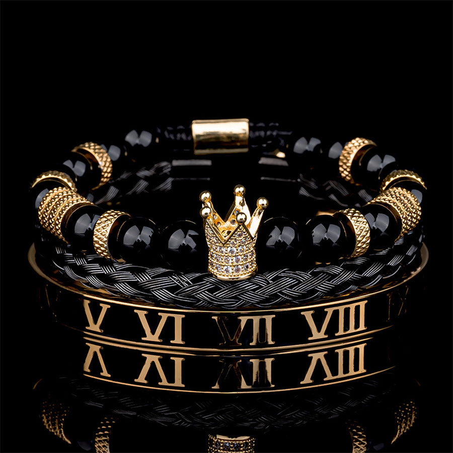 Cross-border punk hip-hop stacked bracelet set dripping oil Roman bracelet copper inlaid zircon crown black agate bracelet men