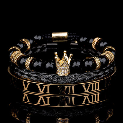 Cross-border punk hip-hop stacked bracelet set dripping oil Roman bracelet copper inlaid zircon crown black agate bracelet men