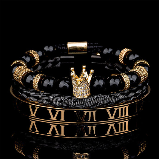 Cross-border punk hip-hop stacked bracelet set dripping oil Roman bracelet copper inlaid zircon crown black agate bracelet men