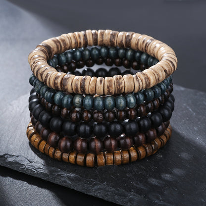 Cross-border hot-selling handmade beaded bracelet set men's retro style multi-layer elastic line wood bead coconut shell stone bracelet