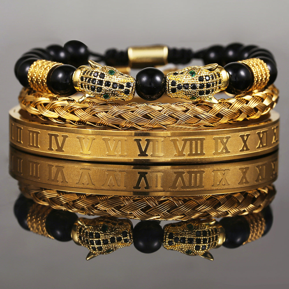 Copper micro-inlaid zircon double leopard head black agate woven bracelet men's stainless steel Roman bracelet stacked bracelet combination
