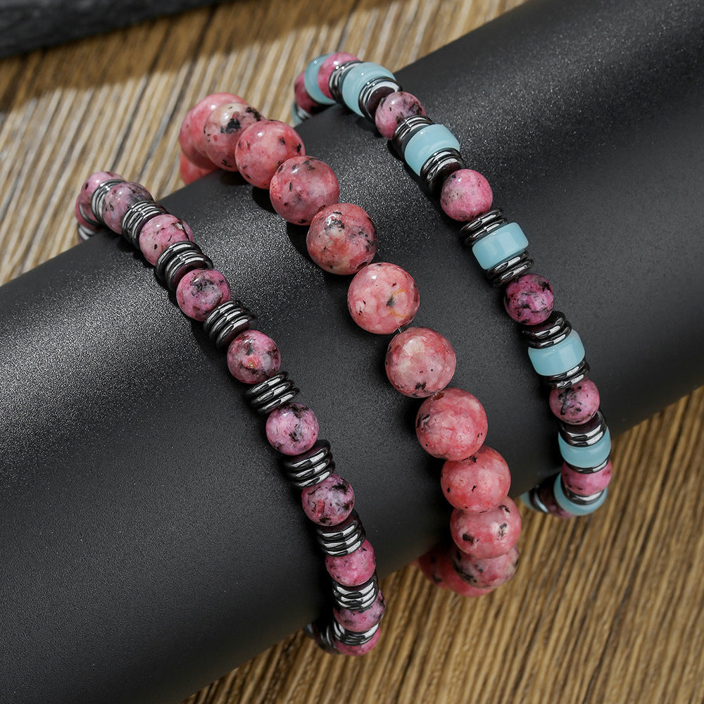 Cross-border new men's stacked beaded bracelets fashionable versatile powder zebra black gallstone natural stone elastic bracelet men