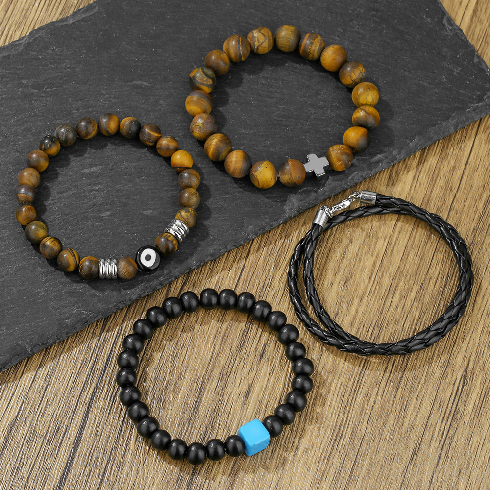 Amazon hot-selling tiger's eye stone leather bracelet set retro men's multi-layer stacking wearing cross eye bracelet men