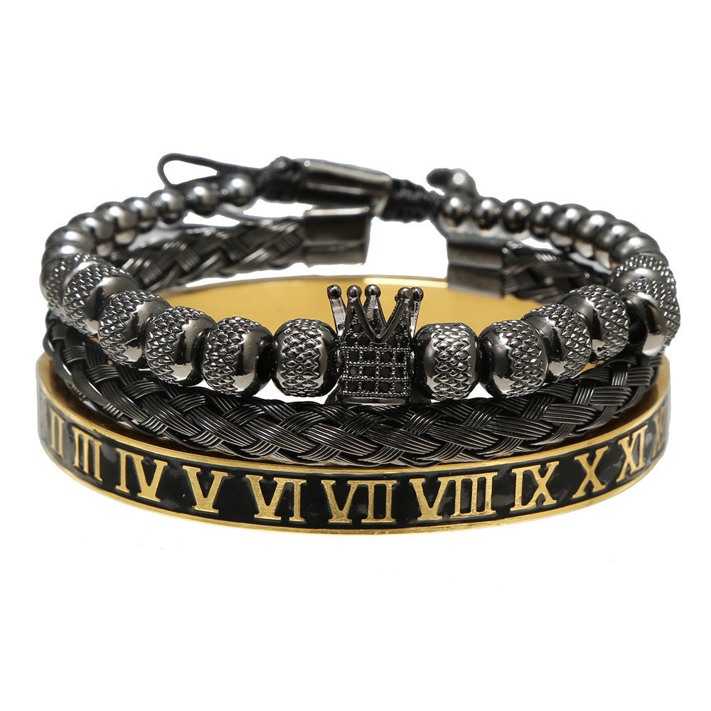 Copper micro-inlaid zircon double leopard head black agate woven bracelet men's stainless steel Roman bracelet stacked bracelet combination