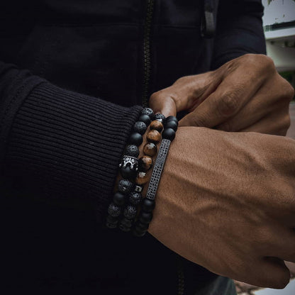 Foreign trade supply, punk wind frost stone, lava stone, tiger's eye stone, zircon, long crown, three-piece set, bracelet for men.