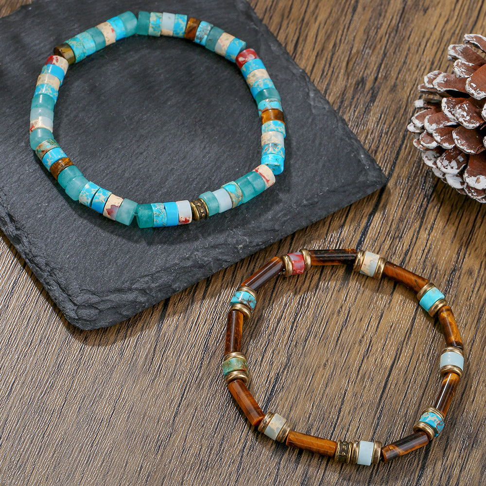 Cross-border new natural stone beaded bracelet combination men's personality retro bohemian black gallstone stacked bracelet