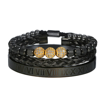 Amazon Hot Sale Men's Bracelet Woven Pineapple Bead Zircon Diamond Ball Three-piece Stainless Steel Roman Numeral Bracelet