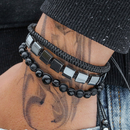 Cross-border hot-selling square black gallstone bracelet men's multi-strip stacking wear mix and match woven bracelet fashion beaded with jewelry men