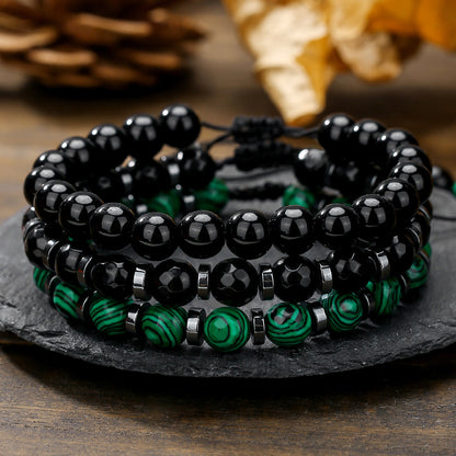 Black Gallstone Black Agate Green Peacock Handwoven Bracelet Bohemian Beach Surfing Stacked Bracelet Jewelry