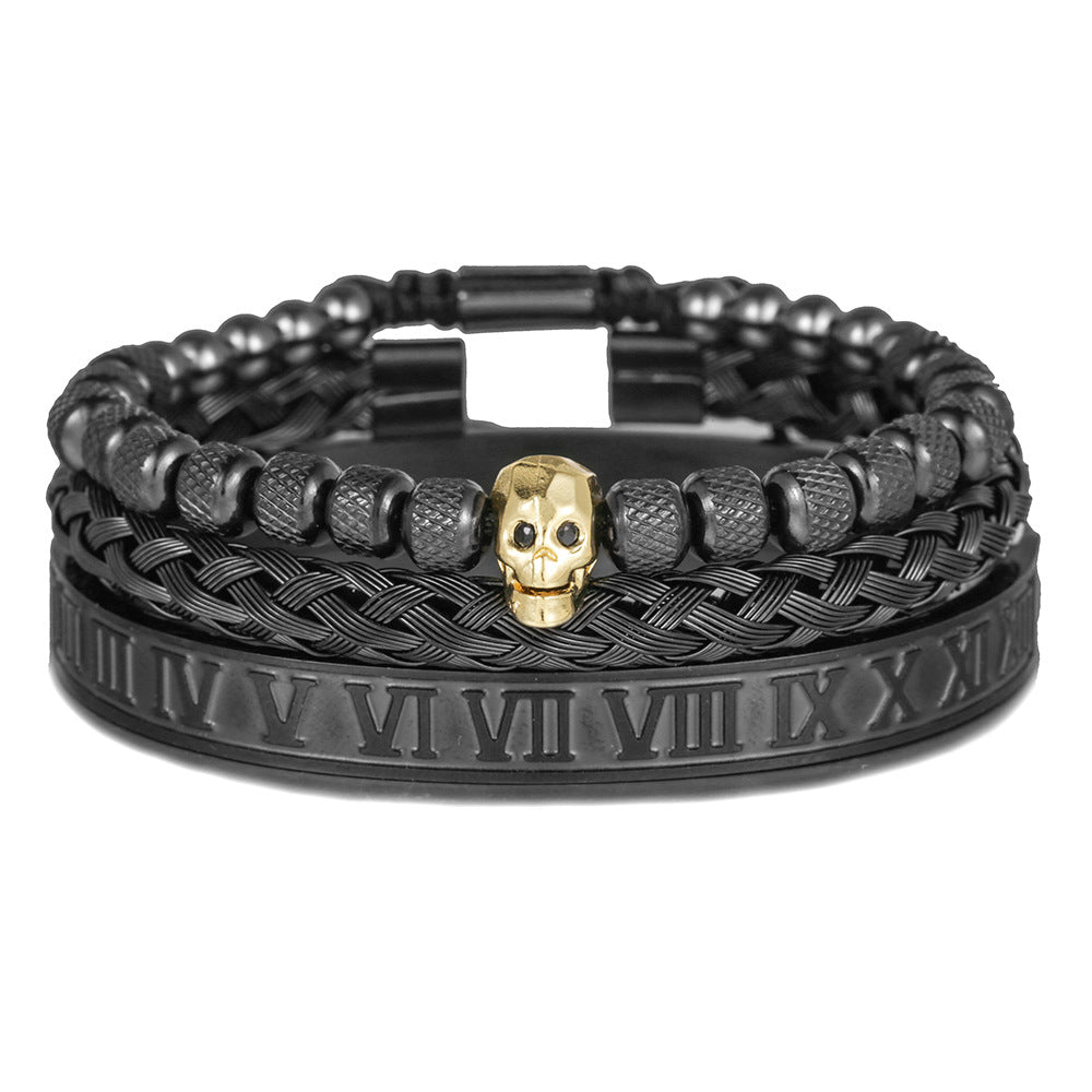European and American retro zircon skull woven bracelet bracelet set Roman numerals letter woven stainless steel bracelet