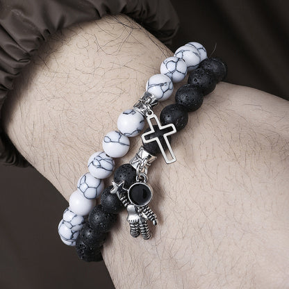 8Mm white pine volcanic stone couple bracelet set, cross-border hot-selling cross astronaut pendant elastic bracelet