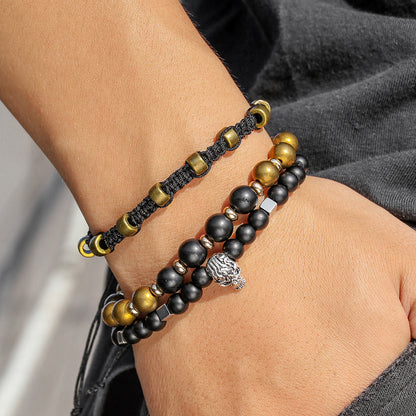 European and American retro style skull bead bracelet woven stacked punk suit bracelet male personality black matte jewelry