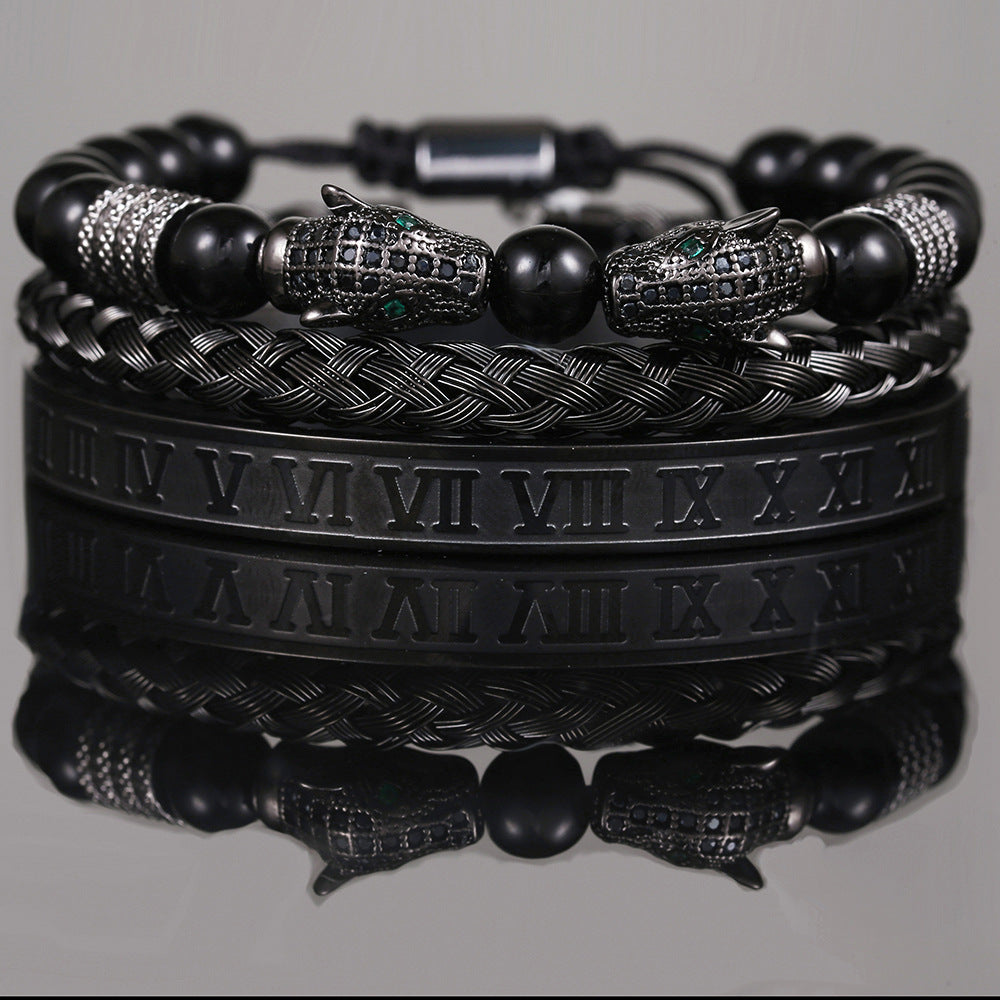 Copper micro-inlaid zircon double leopard head black agate woven bracelet men's stainless steel Roman bracelet stacked bracelet combination