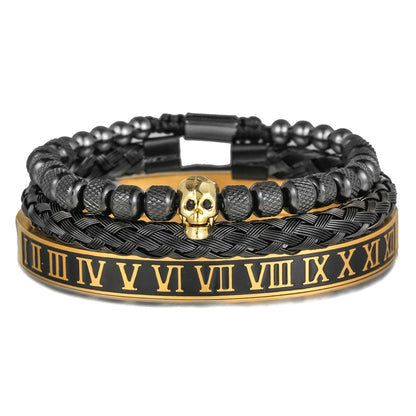 European and American retro zircon skull woven bracelet bracelet set Roman numerals letter woven stainless steel bracelet