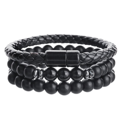 Amazon hot-selling tiger's eye stone leather bracelet set retro men's multi-layer stacking wearing cross eye bracelet men