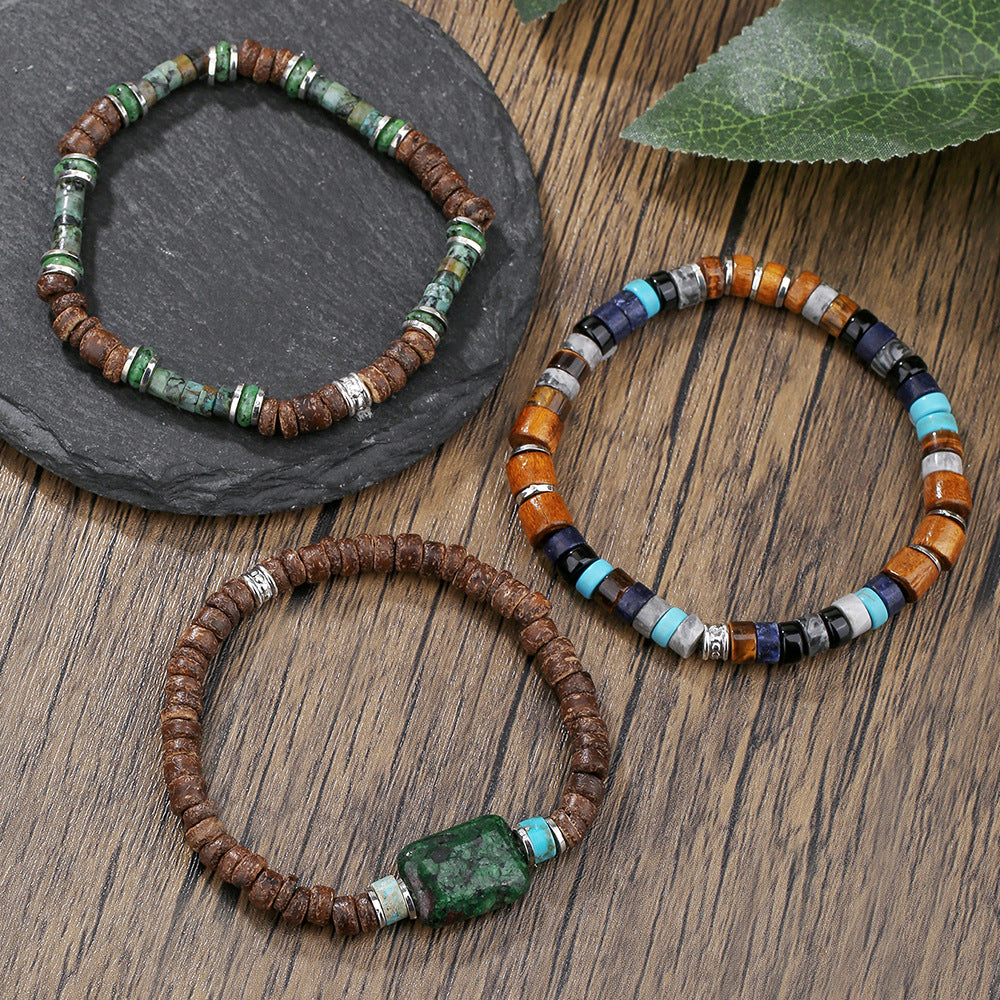 Natural rough stone beaded bracelet, European and American retro vacation style men's bracelet set, elastic coconut shell wood chip bracelet for women