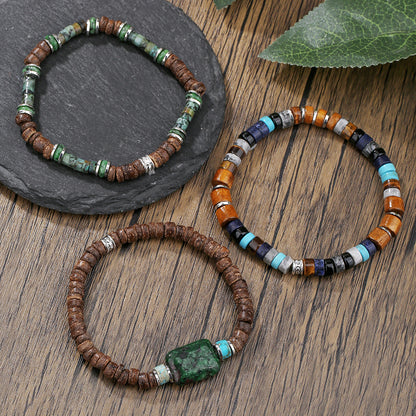 Natural rough stone beaded bracelet, European and American retro vacation style men's bracelet set, elastic coconut shell wood chip bracelet for women
