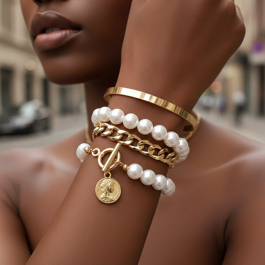 European and American cross-border hand jewelry sweet and cool multi-portrait imitation pearl bracelet set personalized NK Cuban chain jewelry women