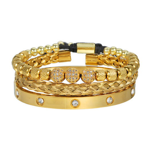 Amazon Hot Sale Men's Bracelet Woven Pineapple Bead Zircon Diamond Ball Three-piece Stainless Steel Roman Numeral Bracelet