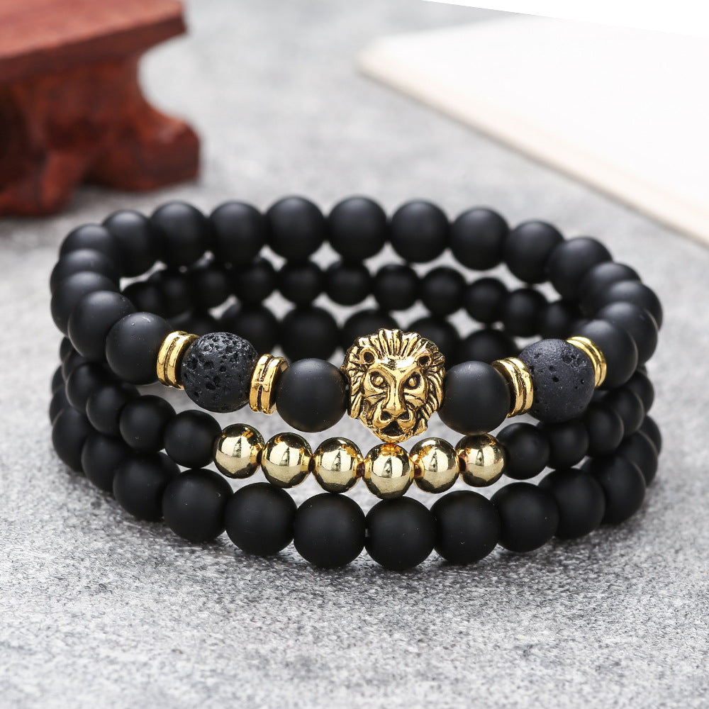 Cross-border new 6/8mm black matte volcanic stone beaded bracelet set combination lion head elastic bracelet bracelet.