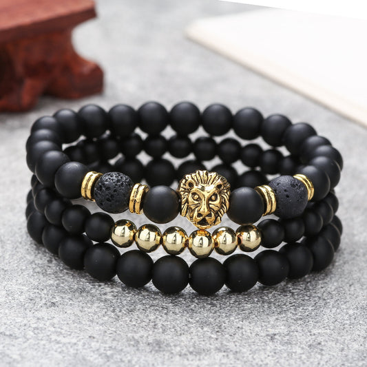 Cross-border new 6/8mm black matte volcanic stone beaded bracelet set combination lion head elastic bracelet bracelet.