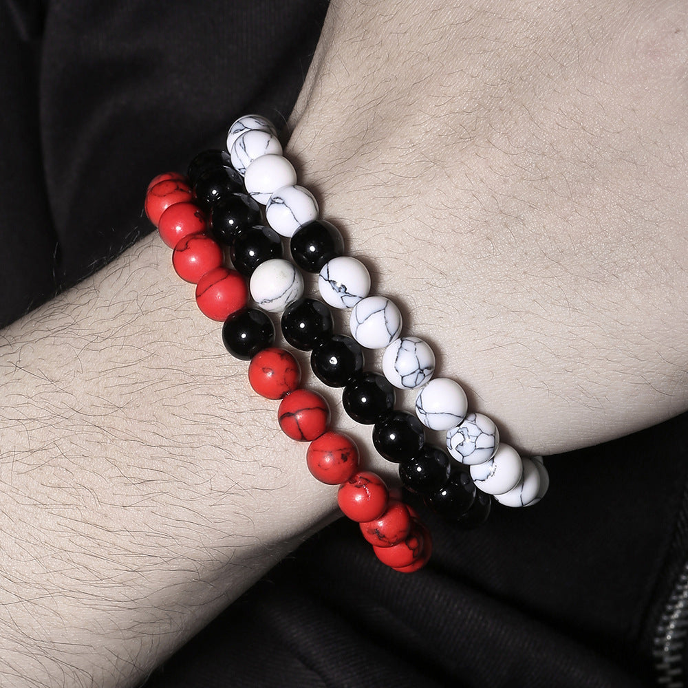 Amazon cross-border explosion 8mm black diamond red pine turquoise beaded bracelet men's, European and American fashion jewelry set