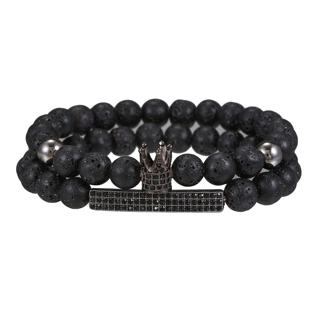 European and American new simple matte black bead volcanic stone crown black zircon bracelet set 2 elastic Buddha bead bracelets