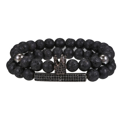 European and American new simple matte black bead volcanic stone crown black zircon bracelet set 2 elastic Buddha bead bracelets