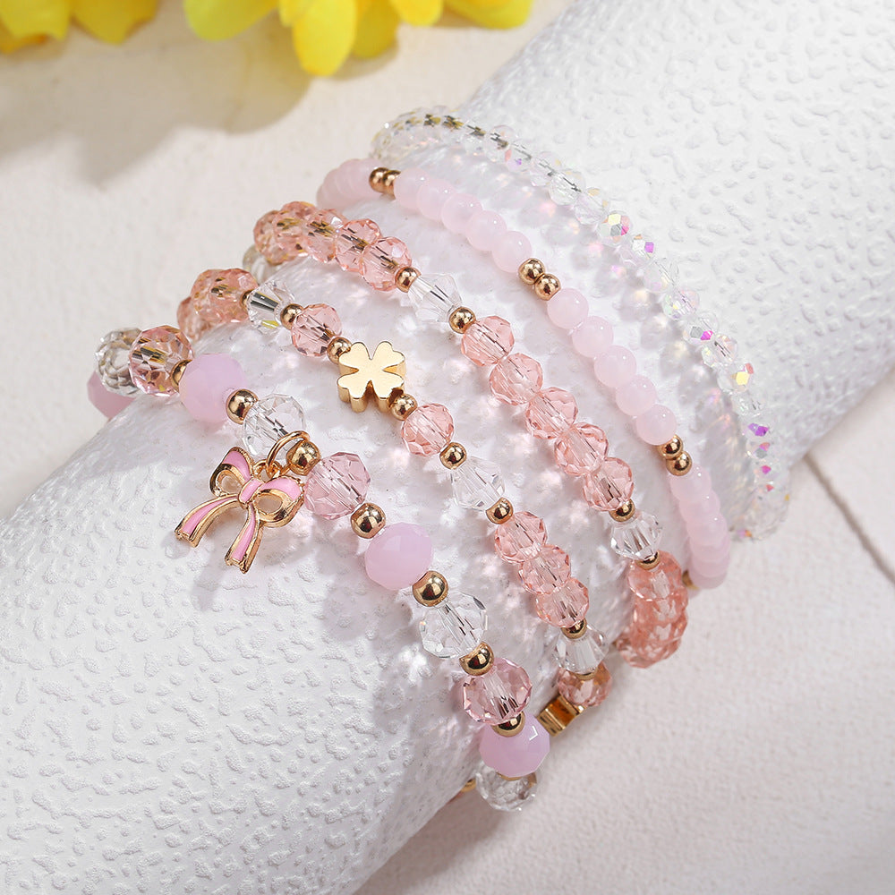 Cross-border new fresh and sweet pink crystal bracelet beaded elastic women's bracelet set butterfly festival pendant handmade