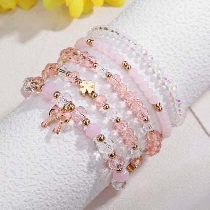 Cross-border new fresh and sweet pink crystal bracelet beaded elastic women's bracelet set butterfly festival pendant handmade