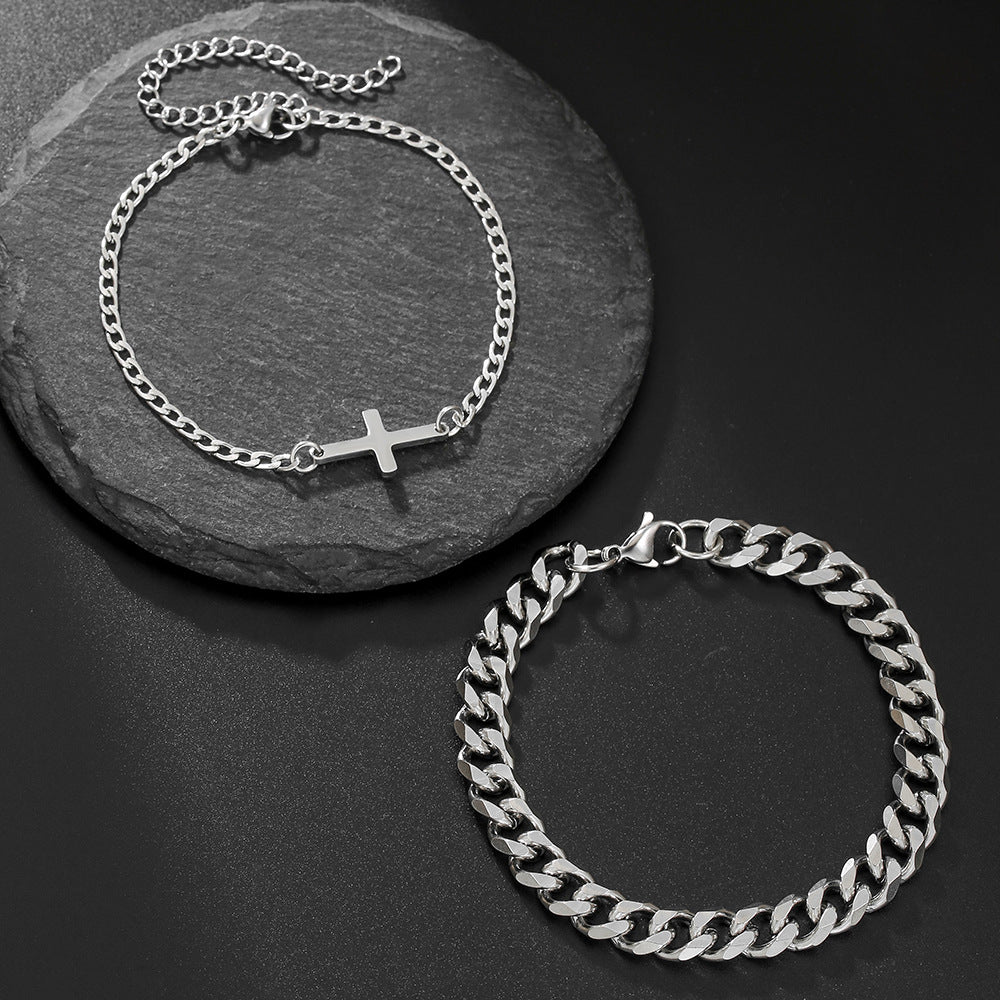 Fashion Cold Wind Stainless Steel Cuban NK Chain Double Layer Stacked Cross Bracelet Men's Hip Hop Street Bracelet Set