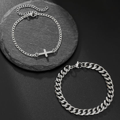 Fashion Cold Wind Stainless Steel Cuban NK Chain Double Layer Stacked Cross Bracelet Men's Hip Hop Street Bracelet Set