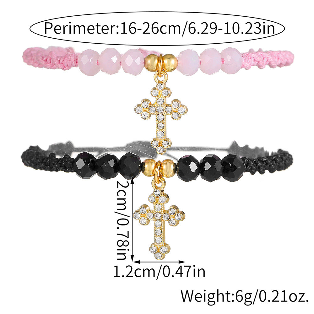 European and American diamond-encrusted cross pendant, crystal beaded couple bracelet, black pink woven adjustable friendship girlfriend bracelet.