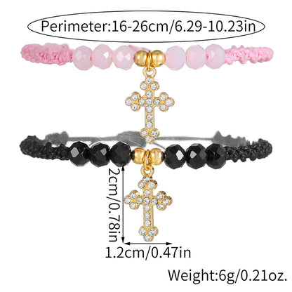European and American diamond-encrusted cross pendant, crystal beaded couple bracelet, black pink woven adjustable friendship girlfriend bracelet.