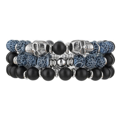 Retro Men's Hip Hop Stainless Steel Skull Bracelet Multilayer Stacked Wear Beaded Weathered Black Agate Bracelet Non-Fading