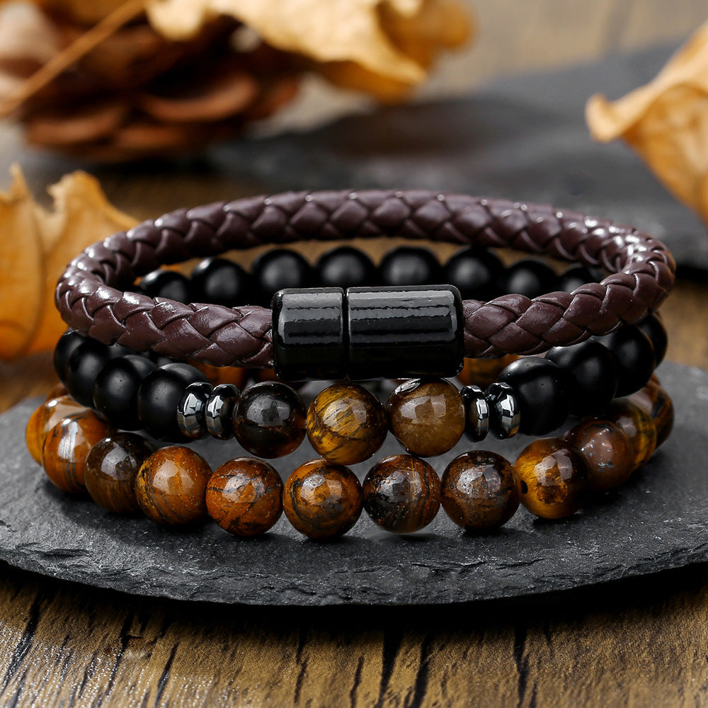 Cross-border new hip-hop punk beaded men's bracelet set stacked with black agate tiger's eye leather magnetic buckle bracelet